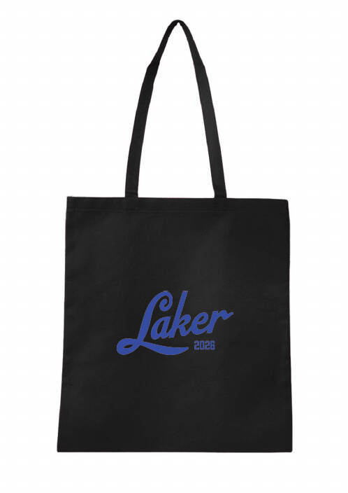 black tote bag with Laker 2026 design in blue ink imprinted on it